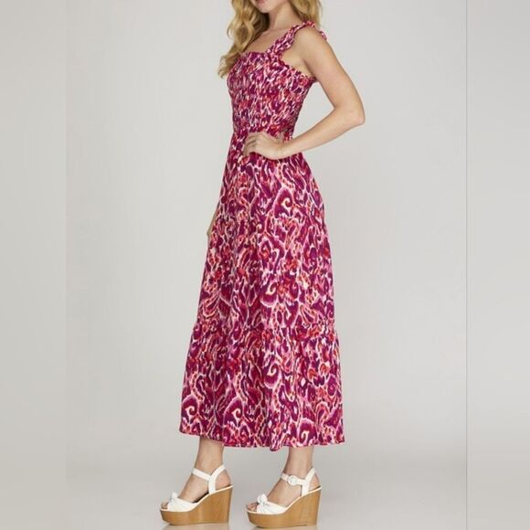 She + Sky Smocked Printed Wide Strap Tiered Dress Vibrant Pink Maxi Dress - Picture 4 of 7